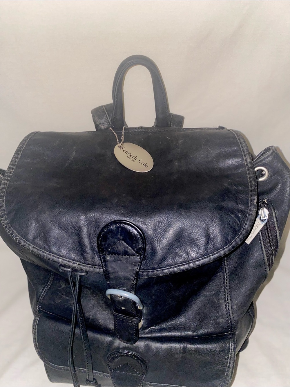 Kenneth Cole Black Leather Buckle Backpack